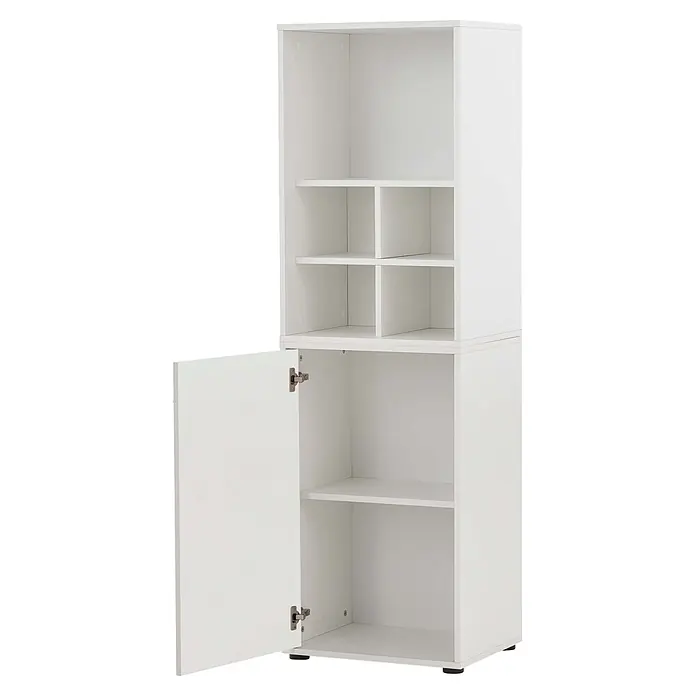 Schildmeyer Serie 400 Holz-Mehrzweckschrank - L x B x H: 82 x 200,2 x 167,2 cm, Weiß - Weißer Aufbewahrungsschrank mit offenen Fächern oben und einem unteren Fach mit geöffneter Tür, die ein Innenregal zeigt.