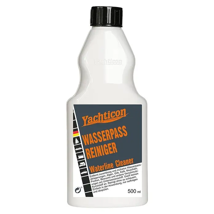 Yachticon Wasserpassreiniger - Flüssig, 500 ml - Weiße Plastikflasche Yachticon Wasserpass Reiniger mit schwarzem Deckel und dunkelgrauem Etikett mit orangefarbener Schrift, 500 ml.