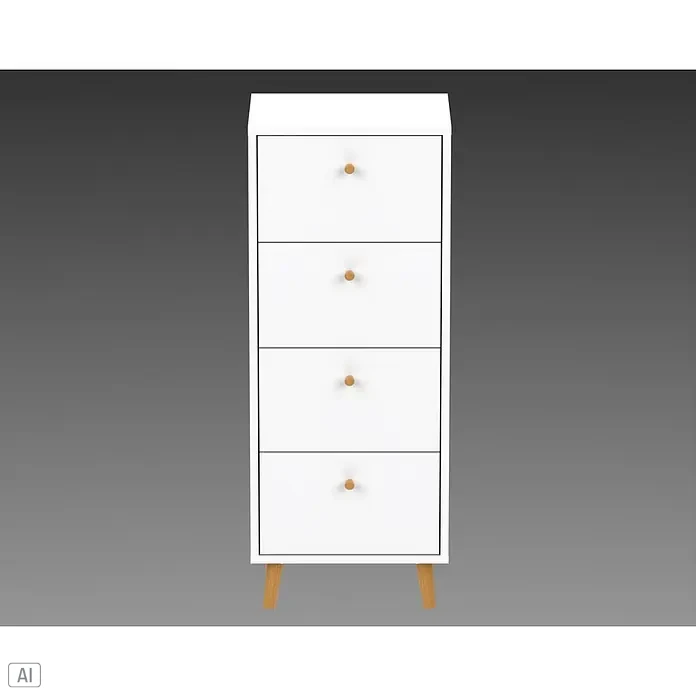 Schildmeyer Bjarne Kommode - L x B x H: 33 x 40,3 x 101,3 cm, Weiß, Anzahl Schubladen: 4 Stk. - Hohe weiße Kommode mit vier Schubladen, jede mit einem runden Holzknauf, auf Holzbeinen stehend.
