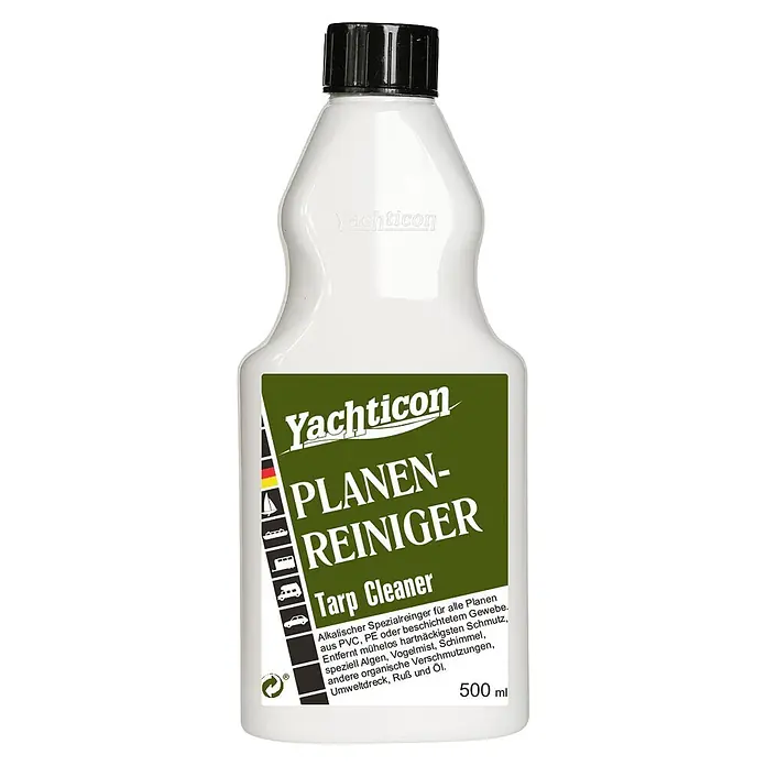 Yachticon Planenreiniger - Flüssig, 500 ml - Weiße 500 ml Yachticon Planen-Reiniger Kunststoffflasche mit schwarzem Verschluss und grünem Etikett.