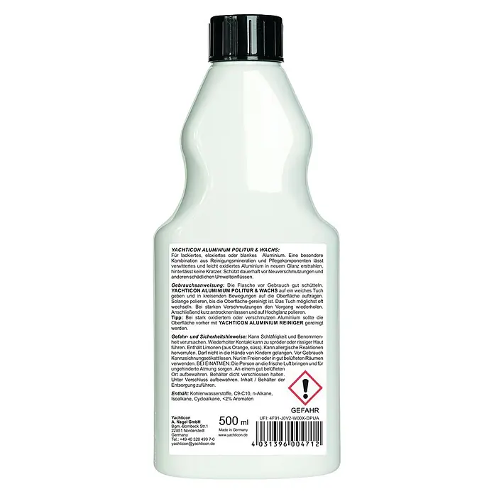 Yachticon Politur- & Reinigungswachs - 500 ml, Geeignet für: Aluminium - Weiße Flasche mit schwarzem Verschluss für Yachticon Aluminium Politur & Wachs.