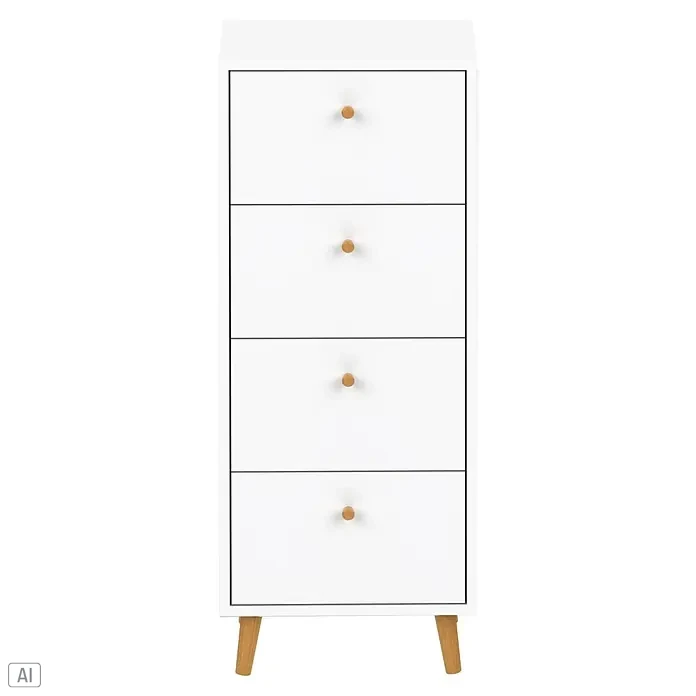 Schildmeyer Bjarne Kommode - L x B x H: 33 x 40,3 x 101,3 cm, Weiß, Anzahl Schubladen: 4 Stk. - Weiße Kommode mit vier Schubladen, hellen Holzgriffen und konischen Beinen.
