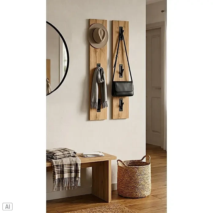 Schildmeyer Saga Garderobenpaneel - L x B x H: 2,5 x 39 x 109 cm, Holzwerkstoff, Eiche - Hölzerne Wandpaneele mit schwarzen Haken, organisiert in einem Eingangsbereich, halten Hut, Schal und eine schwarze Tasche.