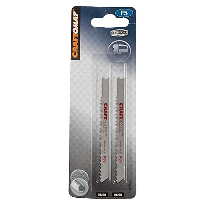 Craftomat Hoja de sierra de calar U 127 D - Aluminio, 2 pzs., Vástago en U - Un paquete de hojas de sierra de calar Craftomat F5 HSS, Swiss Made, para cortes precisos en diversos materiales. Ideal para bricolaje y profesionales.