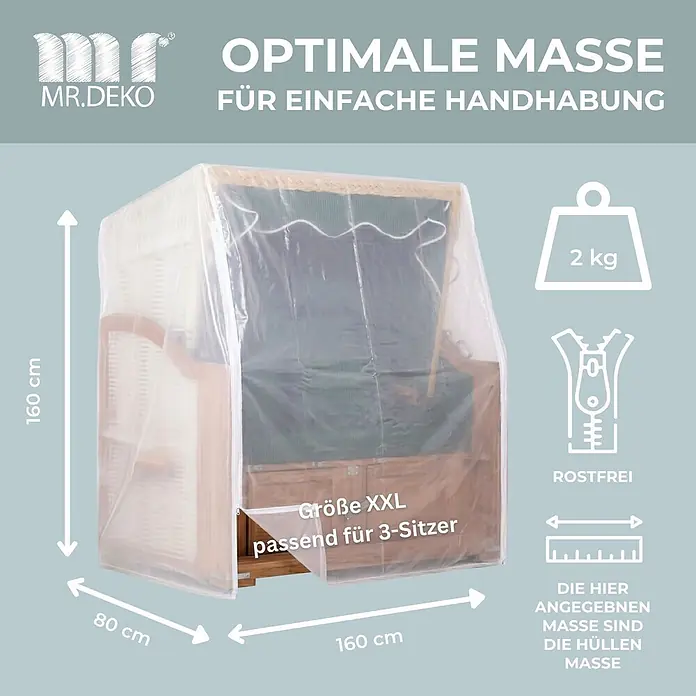 Bene Protect Strandkorb-Schutzhülle Schutzhaub PVC XXL - PE-Bändchengewebe, transparent - Transparente XXL Schutzhülle für Strandkorb, 160x80x160 cm, passend für 3-Sitzer, mit rostfreiem Reißverschluss, 2 kg.