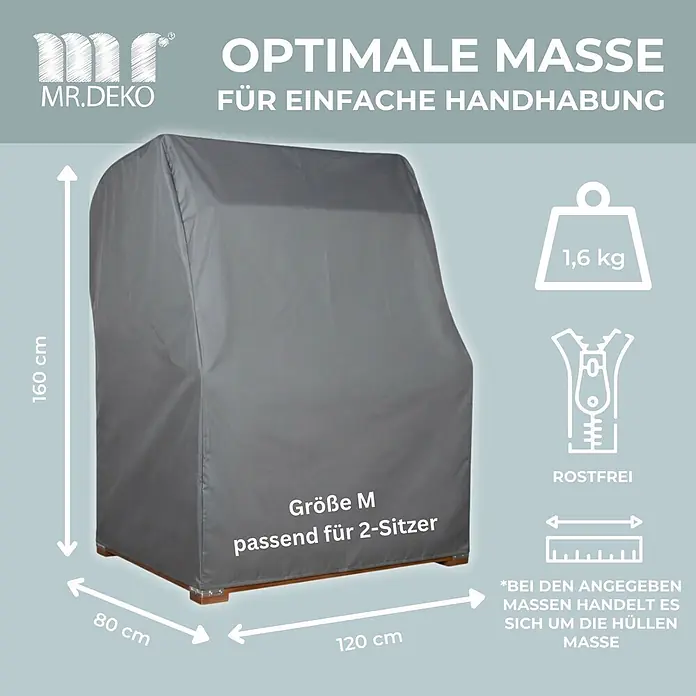 Bene Protect Strandkorb-Schutzhülle Aero Protect M - L x B x H: 80 x 120 x 160 cm, atmungsaktive Wabenstruktur, grau - Graue Schutzhülle, Größe M (160x120x80 cm) für 2-Sitzer, 1,6 kg, rostfreier Reißverschluss.