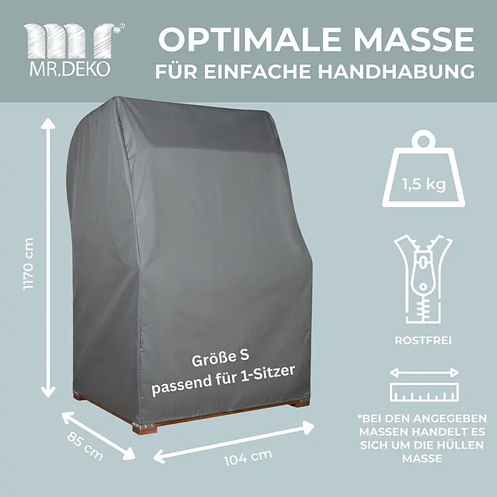 Bene Protect Strandkorb-Schutzhülle Aero Protect S - L x B x H: 85 x 104 x 170 cm, atmungsaktive Wabenstruktur, 1,5 g/m², grau - Graue Schutzhülle (Größe S) für einen 1-Sitzer Sessel, mit rostfreiem Reißverschluss.