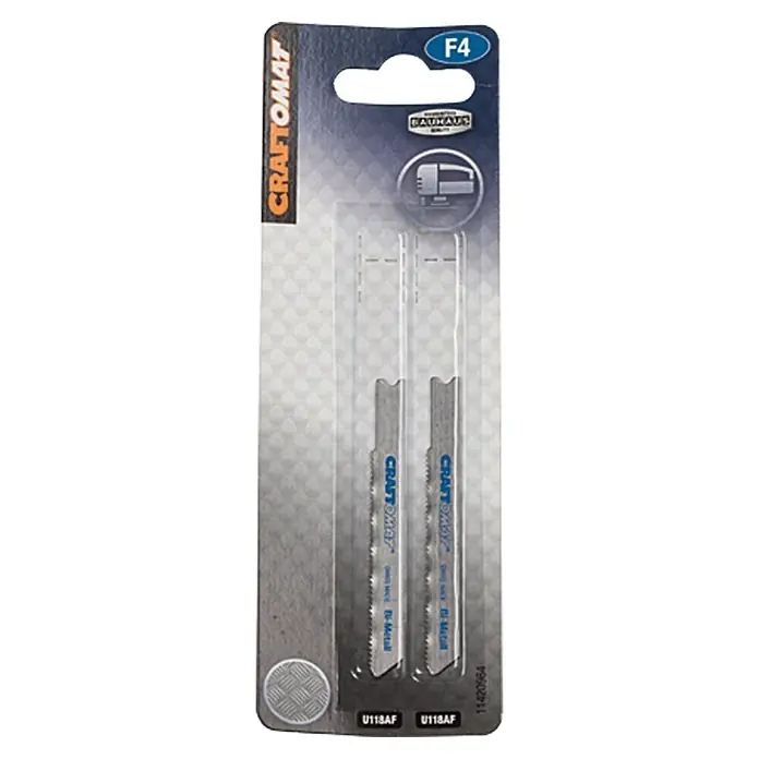 Craftomat Hoja de sierra de calar U 118 AF - Chapa, 2 pzs., Vástago en U - En la imagen se muestran hojas de sierra de calar Craftomat, aptas para cortar metal. Las hojas de sierra están en un envase.