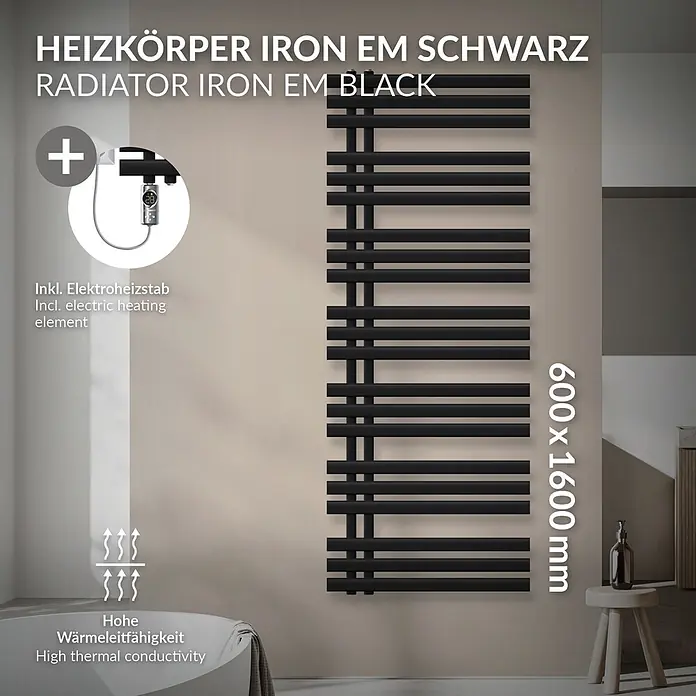 LuxeBath Elektro-Badheizkörper Handtuchheizkörper Elektrisch mit Heizstab 600x1600 mm Schwarz 900W - B x H: 600 x 1.600 mm - Schwarzer Iron EM Heizkörper (600x1600mm) mit Elektroheizstab, für hohe Wärmeleitfähigkeit, in einem Raum installiert.