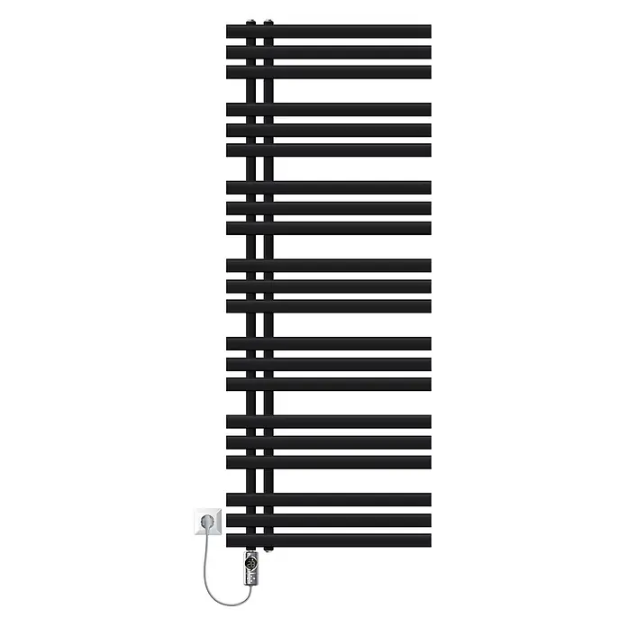 LuxeBath Elektro-Badheizkörper Handtuchheizkörper Elektrisch mit Heizstab 600x1600 mm Schwarz 900W - B x H: 600 x 1.600 mm - Schwarzer elektrischer Handtuchwärmer mit horizontalen Stangen, verbunden mit Thermostat und Stecker.