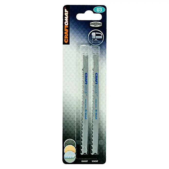 Craftomat Hoja de sierra de calar U 345 XF - Madera de construcción / placa, 2 pzs., Vástago en U - Paquete de hojas de sierra de calar Craftomat U3 Bi-Metal para cortes precisos en madera. Ideal para aficionados y profesionales del bricolaje.