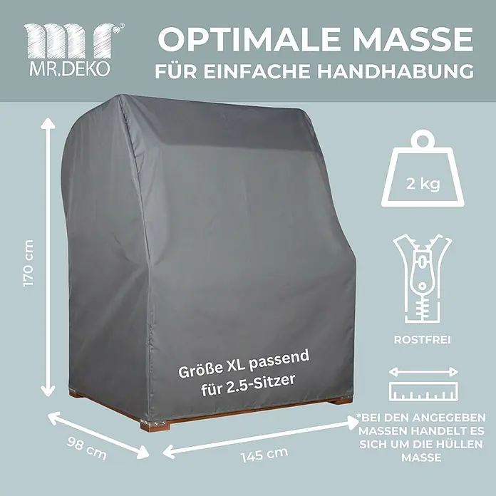 Bene Protect Strandkorb-Schutzhülle Aero Protect XL - L x B x H: 98 x 145 x 170 cm, atmungsaktive Wabenstruktur, 2 g/m², grau - Graue XL-Schutzhülle für 2.5-Sitzer Gartenmöbel, Maße 170x145x98 cm, 2 kg, rostfreier Reißverschluss für einfache Handhabung.