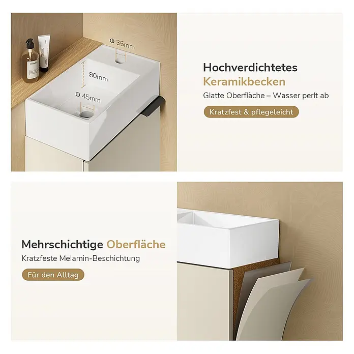 Emke Badmöbel-Set BV1 - Soft Cashmere Grau - Weißes Keramikwaschbecken auf beigem, mehrschichtigem Waschtischunterschrank, zeigt kratzfeste Materialien und Maße.