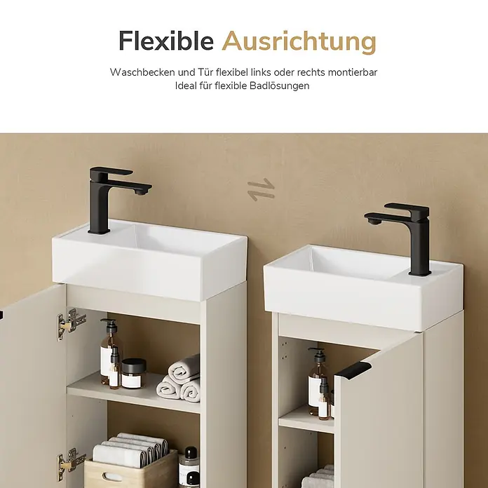 Emke Badmöbel-Set BV1 - Soft Cashmere Grau - Kompakter Badunterschrank mit weißem Waschbecken und schwarzer Armatur, flexibel links oder rechts montierbar.