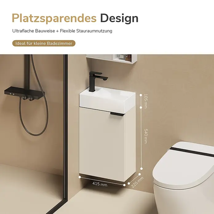 Emke Badmöbel-Set BV1 - Soft Cashmere Grau - Kompakter wandmontierter Badunterschrank mit cremefarbenem Korpus, weißem Waschbecken und schwarzem Wasserhahn. Platzsparend, Maße angegeben.