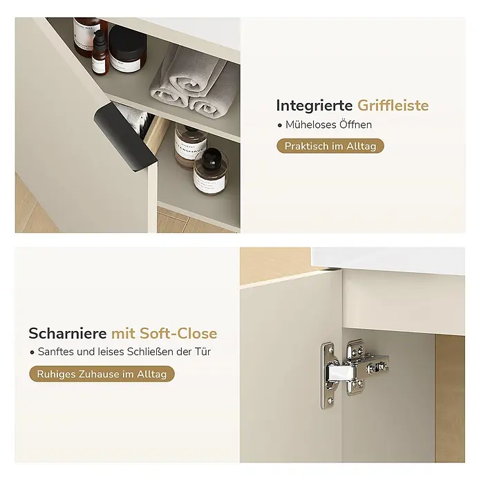 Emke Badmöbel-Set BV1 - Soft Cashmere Grau - Schrank mit integrierter Griffleiste und Soft-Close-Scharnieren für müheloses und leises Öffnen und Schließen.