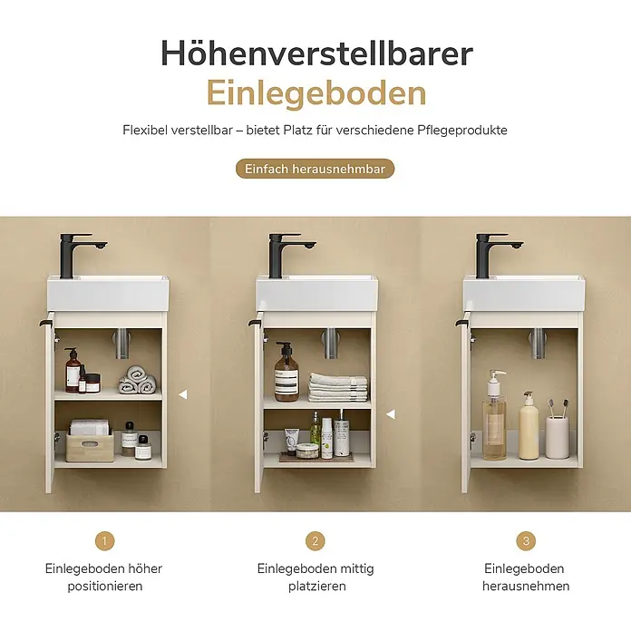 Emke Badmöbel-Set BV1 - Soft Cashmere Grau - Beige Waschtischunterschrank mit höhenverstellbarem Einlegeboden, der flexibel positioniert oder entfernt werden kann.