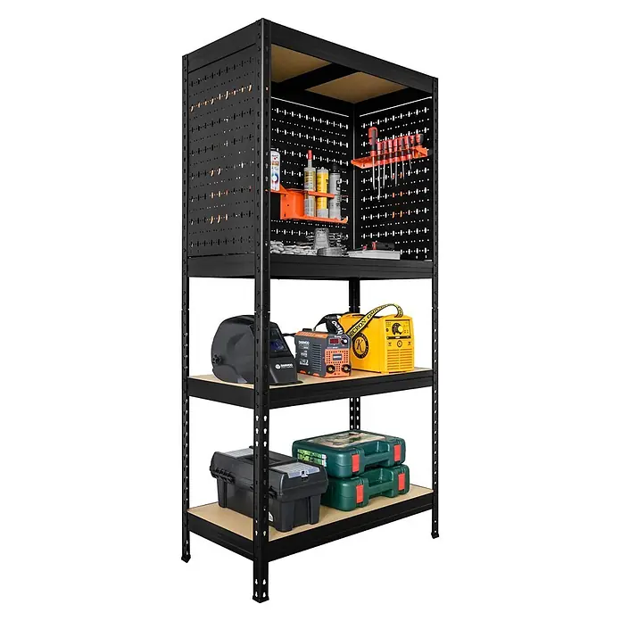 Metallregal Praktik Workshop Organizer - H x B x T: 180 x 90 x 45 cm, Traglast pro Boden: 250 kg, Anzahl Böden: 4 Stk., Stecken, Schwarz - Schwarzes Metallregal mit Lochwänden, Holzregalböden und diversen Werkzeugen und Werkstattausrüstung.
