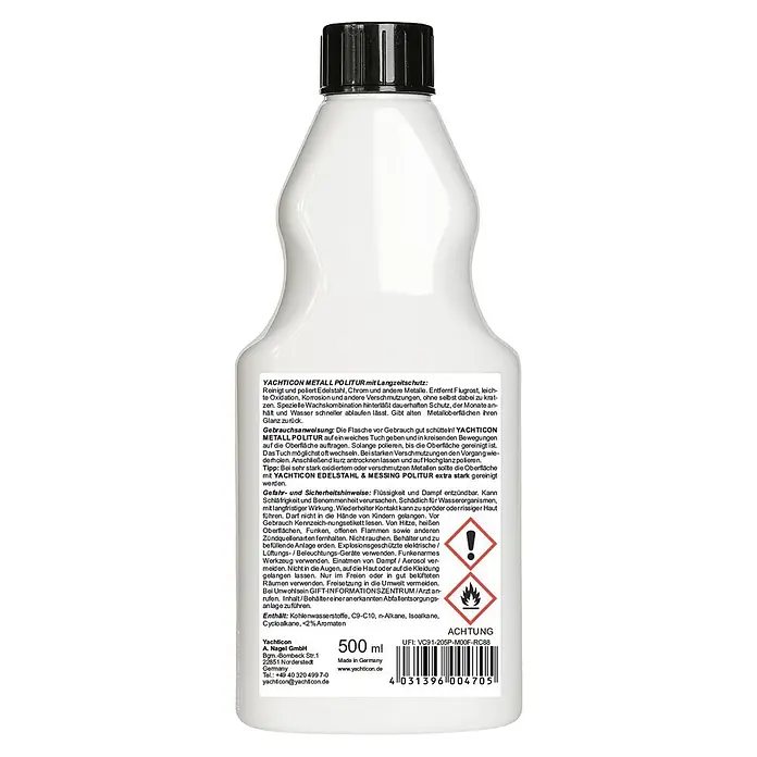 Yachticon Politur Metall - 500 ml - Weiße YACHTICON METALL POLITUR Flasche mit schwarzem Verschluss zur Metallreinigung und -politur.
