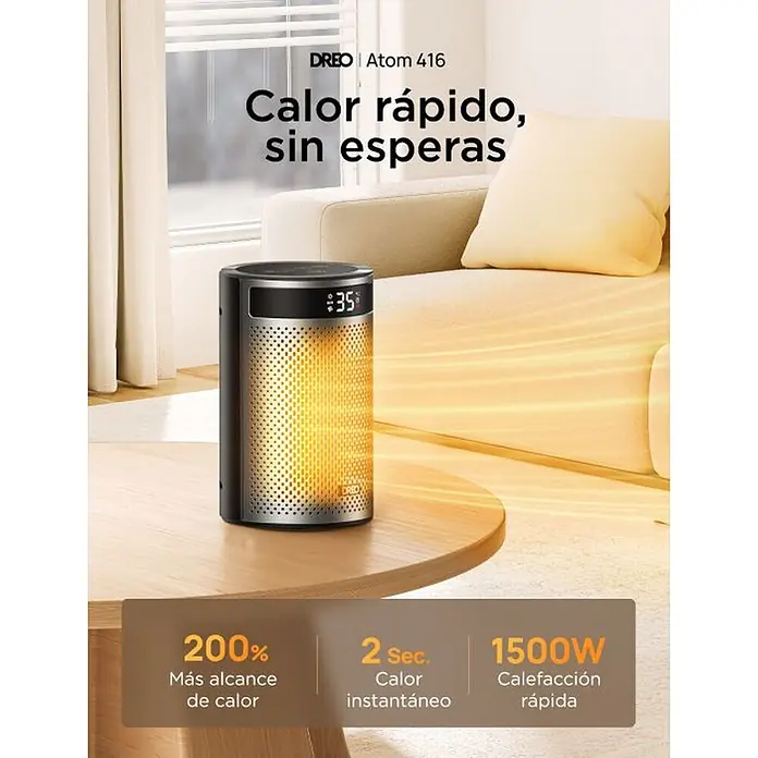 Dreo Calefactor cerámico portátil Atom - 900 kW - 1.500 kW, Negro/Plata, Fijo, 10 m² - 20 m² - Un calefactor cilíndrico negro DREO Atom 416 con brillo naranja y pantalla digital sobre una mesa, calentando un salón.