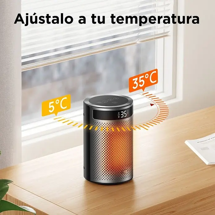 Dreo Calefactor cerámico portátil Atom - 900 kW - 1.500 kW, Negro/Plata, Fijo, 10 m² - 20 m² - Calefactor portátil cilíndrico negro y plateado con rejilla perforada y pantalla digital, mostrando un ajuste de temperatura de 5°C a 35°C.