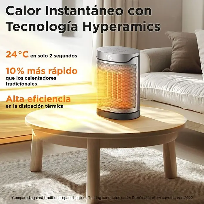 Dreo Calefactor cerámico portátil Heater 318 - 900 kW - 1.500 kW, Negro/Plata, Oscilante - Calefactor cilíndrico gris y negro con brillo naranja, calentando una sala de estar.