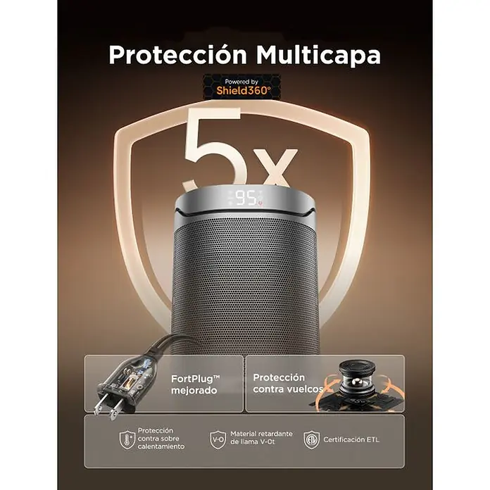 Dreo Calefactor cerámico portátil Heater 318 - 900 kW - 1.500 kW, Negro/Plata, Oscilante - Dispositivo cilíndrico gris oscuro con pantalla digital, destacando características de seguridad multicapa como FortPlug y protección antivuelco.