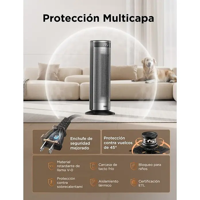 Dreo Calefactor cerámico Solaris SH628 - 900 kW - 2.000 kW, Negro/Plata, Oscilante - Calefactor de torre gris con protección multicapa, mostrado en una sala de estar. Con enchufe de seguridad mejorado y protección antivuelco de 45°.