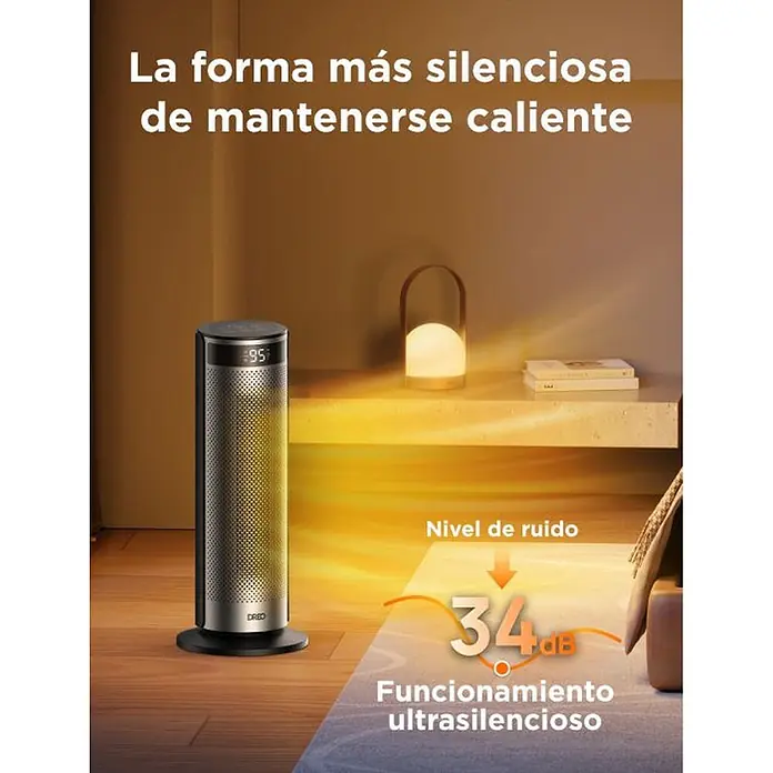 Dreo Calefactor cerámico Solaris SH628 - 900 kW - 2.000 kW, Negro/Plata, Oscilante - Calentador cilíndrico gris oscuro con pantalla digital '95' en una habitación, destacando su funcionamiento ultrasilencioso de 34dB.