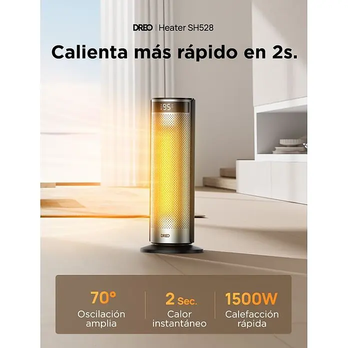Dreo Calefactor cerámico Solaris SH628 - 900 kW - 2.000 kW, Negro/Plata, Oscilante - Un calentador cilíndrico plateado Dreo SH528 con un elemento calefactor naranja brillante y pantalla digital en un suelo claro de una habitación.