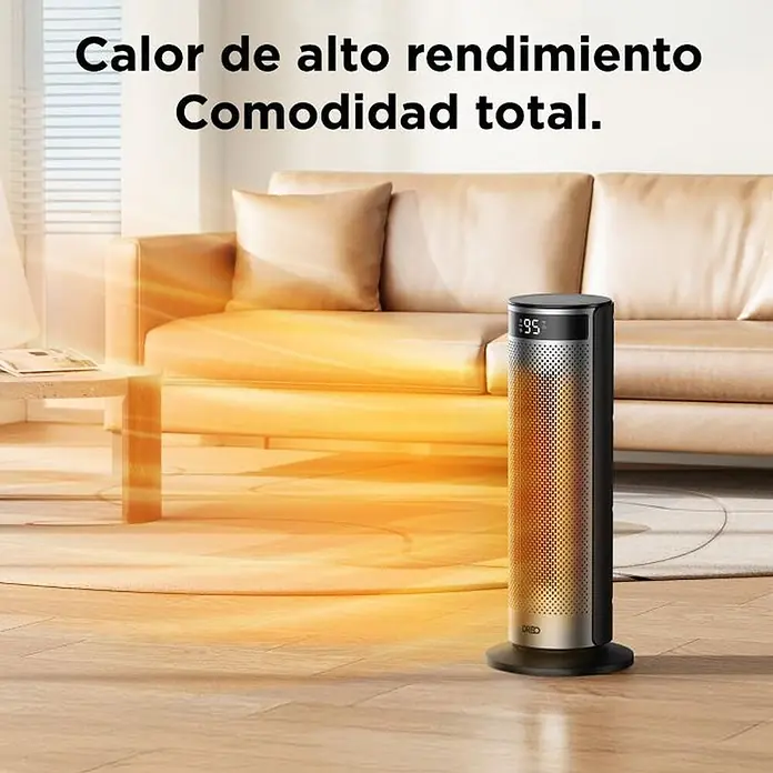 Dreo Calefactor cerámico Solaris SH628 - 900 kW - 2.000 kW, Negro/Plata, Oscilante - Calefactor de torre alto, negro y plateado con pantalla digital, irradia calor en una sala de estar.