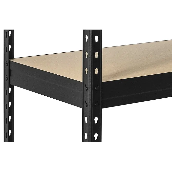 Metallregal Praktik Workshop Organizer - H x B x T: 180 x 90 x 45 cm, Traglast pro Boden: 250 kg, Anzahl Böden: 4 Stk., Stecken, Schwarz - Schwarzes Metallregal mit beigefarbenen Holzablagen für schwere Lasten.