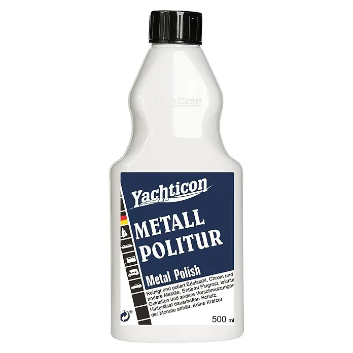 Yachticon Politur Metall - 500 ml - Weiße Flasche Yachticon Metall Politur, 500 ml, mit dunkelblauem Etikett und schwarzer Kappe.