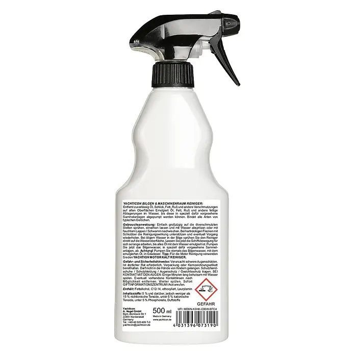 Yachticon Bootsreiniger für Bilgen und Maschinenraum - 500 ml - Weiße Sprühflasche Yachticon Bilgen- & Maschinenraumreiniger mit schwarzem Sprühkopf.