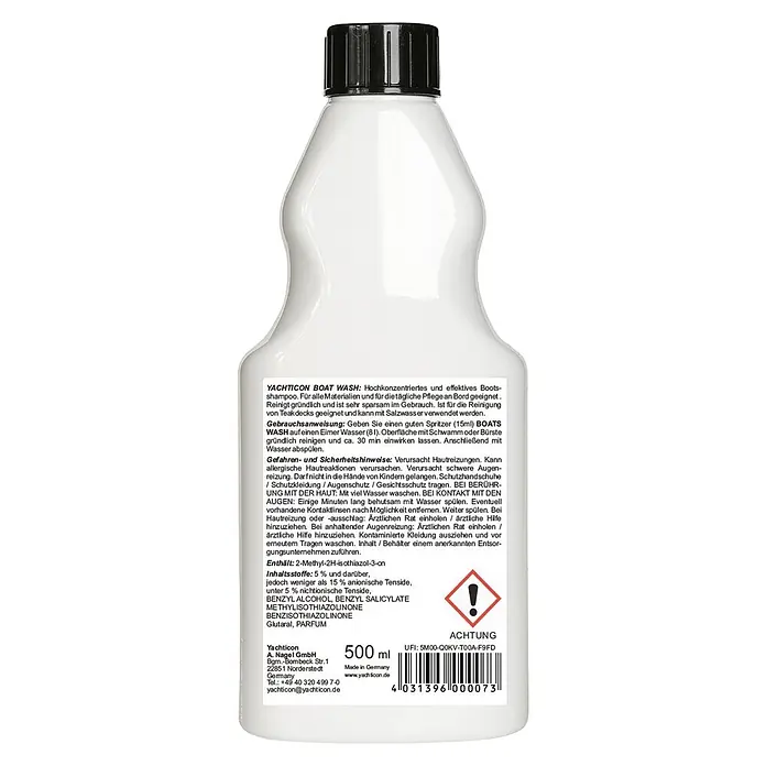 Yachticon Bootsreiniger Boats Wash - Flüssig, 500 ml - Weiße 500ml Flasche Yachticon Boat Wash mit schwarzem Schraubverschluss.