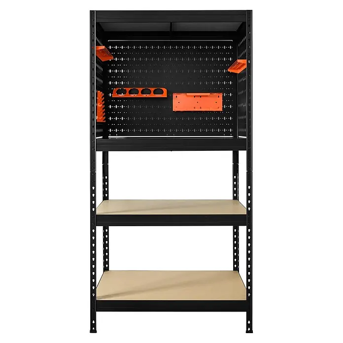 Metallregal Praktik Workshop Organizer - H x B x T: 180 x 90 x 45 cm, Traglast pro Boden: 250 kg, Anzahl Böden: 4 Stk., Stecken, Schwarz - Schwarzes Metallregal mit hellen Holzregalböden und orangen Lochwand-Zubehörteilen zur Aufbewahrung.