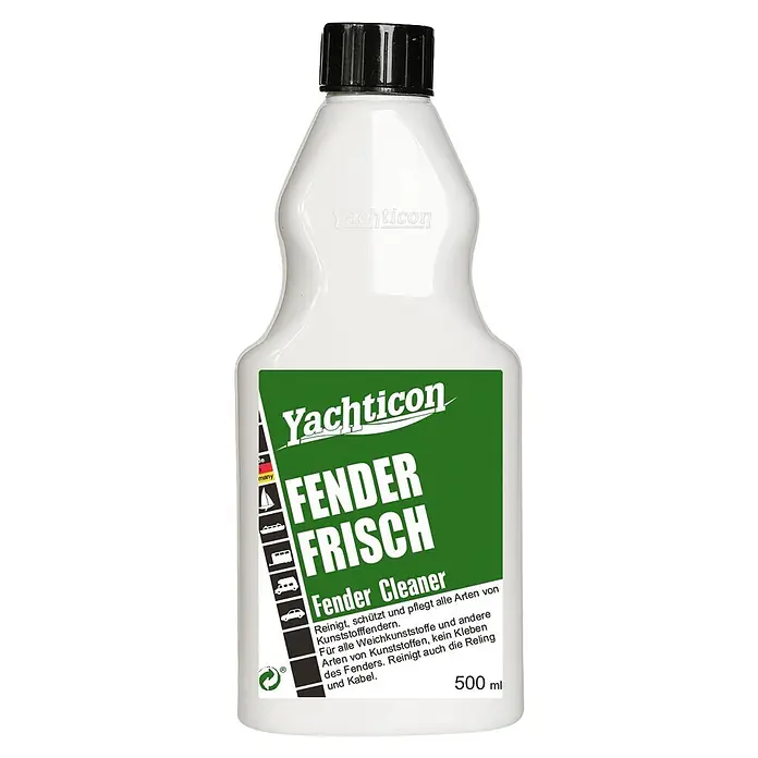 Yachticon Fender Frisch - Flüssig, 500 ml - Weiße Kunststoffflasche Yachticon Fender Frisch / Fender Cleaner mit grünem Etikett und schwarzem Verschluss, 500 ml.