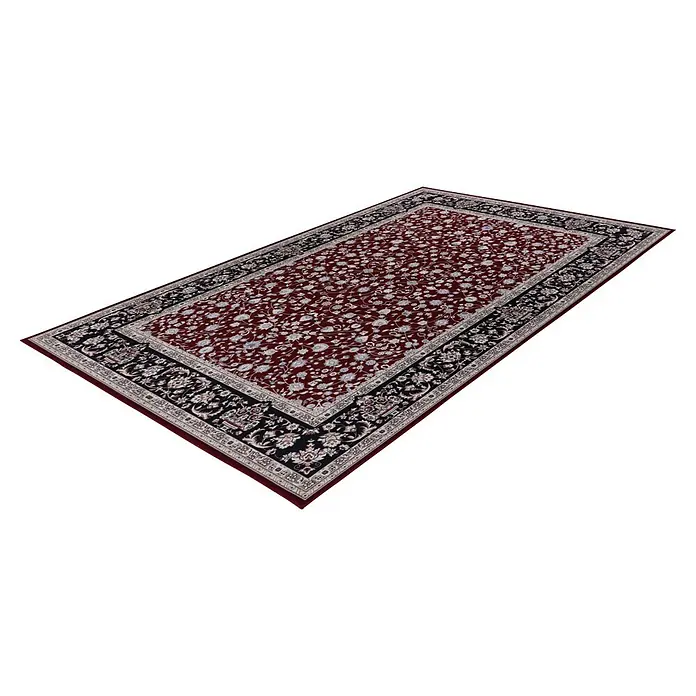 Kayoom Kurzflorteppich Rocks 125 - Rot, 290 x 200 cm, 100 % Polyester - Rechteckiger bordeauxroter Teppich mit weißen Blumenmustern und einer verzierten schwarz-weißen Bordüre.