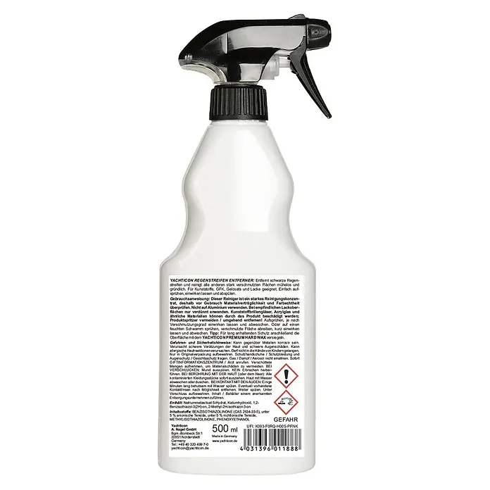 Yachticon Regenstreifen-Entferner - Flüssig, 500 ml - Weiße Kunststoff-Sprühflasche mit schwarzem Trigger für Yachticon Regenstreifen-Entferner.