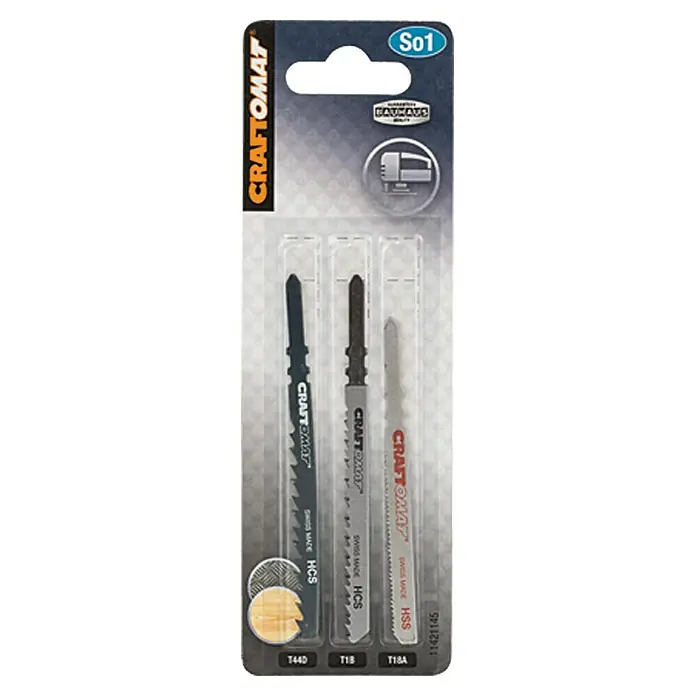 Craftomat Juego de hojas de sierra de calar - Madera / metal, 3 pzs., Vástago doble en T - Un juego de hojas de sierra de calar Craftomat, ideal para diversas aplicaciones de carpintería. Incluye hojas HCS y HSS para cortes precisos.