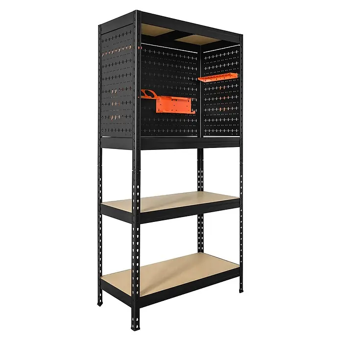 Metallregal Praktik Workshop Organizer - H x B x T: 180 x 90 x 45 cm, Traglast pro Boden: 250 kg, Anzahl Böden: 4 Stk., Stecken, Schwarz - Schwarzes Metallregal mit vier Holzböden, zwei Lochplattenseiten und orangen Werkzeughaltern.