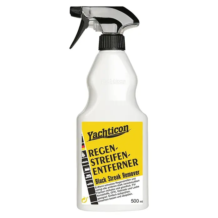 Yachticon Regenstreifen-Entferner - Flüssig, 500 ml - Weiße Yachticon Sprühflasche mit gelbem Etikett für Regen-Streifen-Entferner. Sie hat einen schwarzen Abzug und einen Chrom-Pumpenkopf.