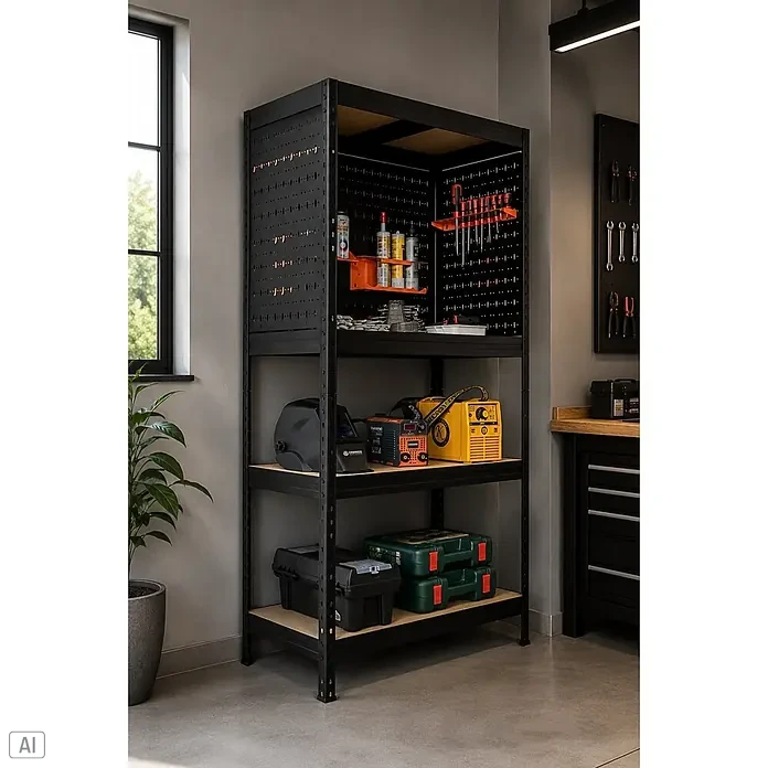 Metallregal Praktik Workshop Organizer - H x B x T: 180 x 90 x 45 cm, Traglast pro Boden: 250 kg, Anzahl Böden: 4 Stk., Stecken, Schwarz - Hohes schwarzes Metall-Werkstattregal mit hellen Holzablagen, gefüllt mit Werkzeugen und Ausrüstung in einer Garage.