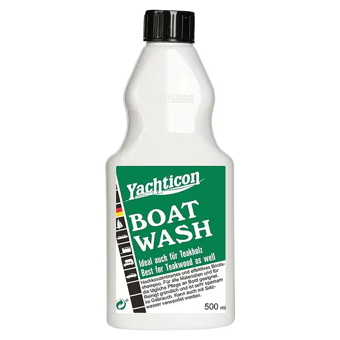 Yachticon Bootsreiniger Boats Wash - Flüssig, 500 ml - Weiße Yachticon Bootswaschmittel-Flasche mit schwarzem Deckel und grünem Etikett, 500 ml.