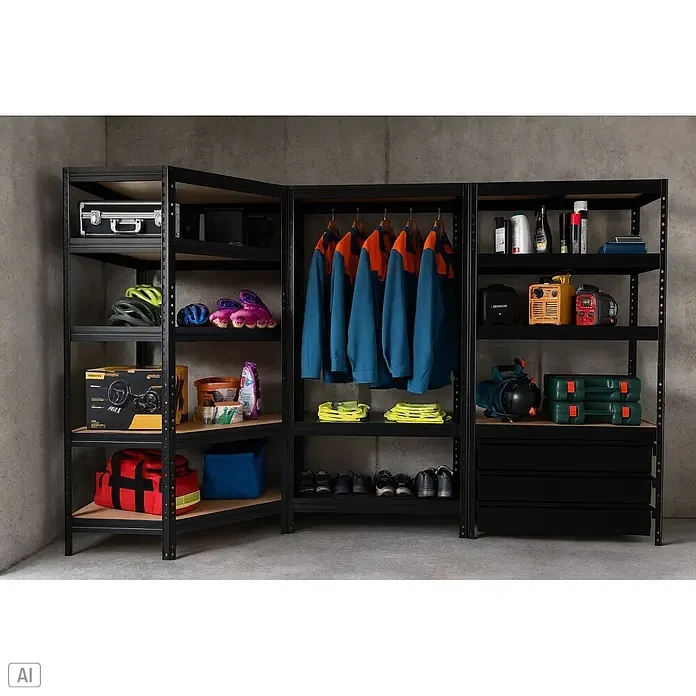 Metallregal Praktik Workshop Organizer - H x B x T: 180 x 90 x 45 cm, Traglast pro Boden: 250 kg, Anzahl Böden: 4 Stk., Stecken, Schwarz - Schwarzmetall- und Holzregale in einer Ecke, gefüllt mit Werkzeugen, Ausrüstung und Kleidung in einer Werkstatt oder Garage.