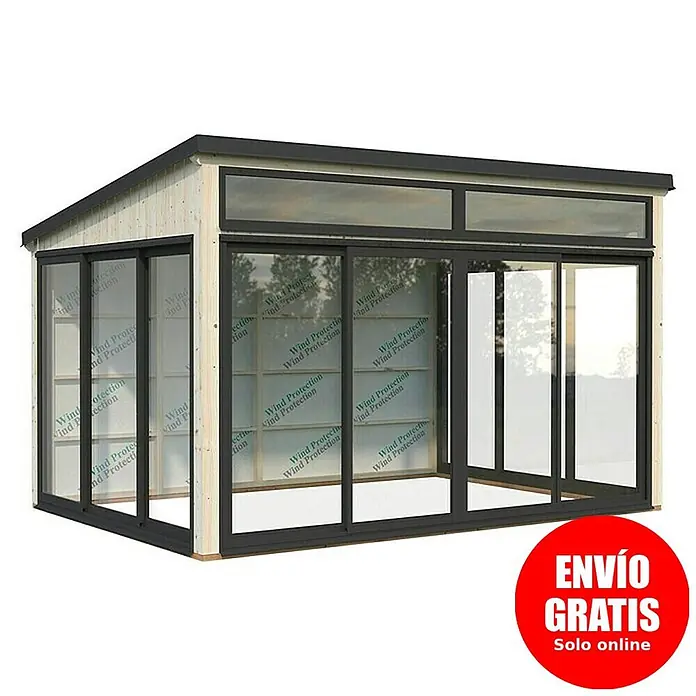 Palmako Caseta de jardín Saga Slide Plus - L x An: 297 x 420 cm, Natural, Doble acristalamiento de 24 mm, Puerta corredera - Invernadero de jardín de madera clara y marco negro con grandes ventanales de cristal.