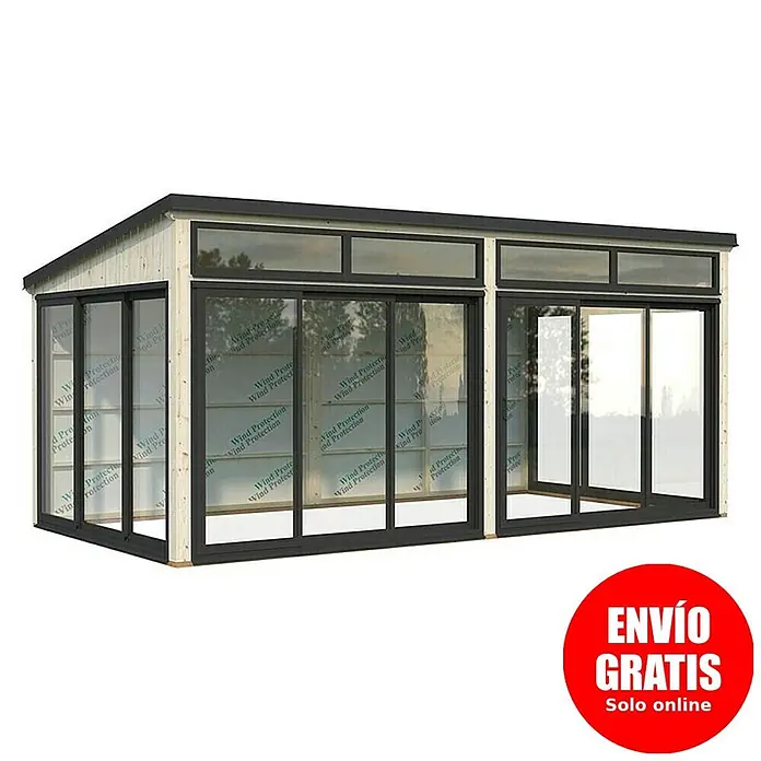 Palmako Caseta de jardín Saga Slide Plus - L x An: 297 x 582 cm, Natural, Doble acristalamiento de 24 mm, Puerta corredera - Invernadero moderno con estructura de madera clara y grandes puertas y ventanas corredizas de cristal oscuro.