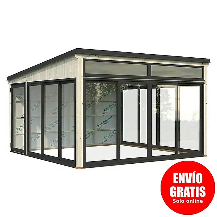 Palmako Caseta de jardín Saga Slide - L x An: 420 x 420 cm, Natural, Con cristal templado de 4 mm, Puerta de una hoja - Pabellón de jardín moderno con estructura de madera clara y puertas correderas de cristal con marco negro.