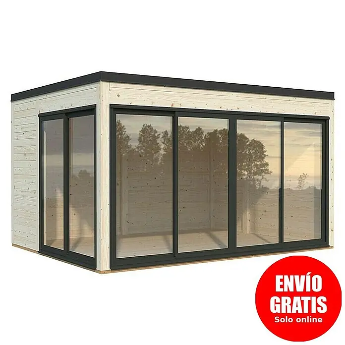 Palmako Caseta de jardín Serena Slide Plus Set 1 - L x An x Al: 320 x 420 x 250 cm, Madera, Natural - Caseta de jardín moderna de madera clara con puertas correderas de cristal de marco oscuro en dos lados.