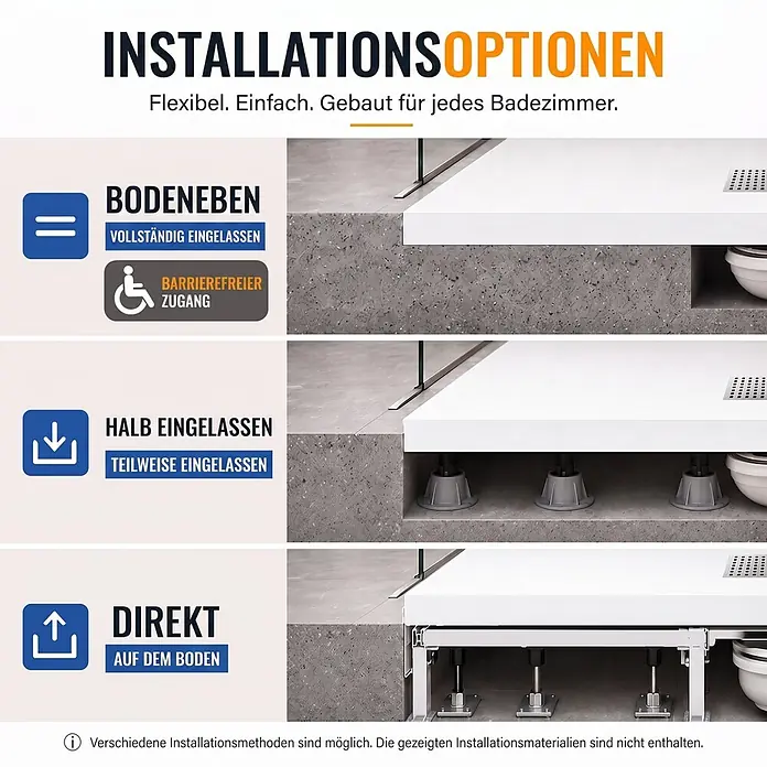 Dalsys Duschwannen-Set - L x B: 90 x 90 cm, Verbundwerkstoff - Weiße Duschwanne: Installationsoptionen für barrierefreien, halbeingelassenen oder direkten Bodenaufbau. Flexible Lösungen für jedes Bad.